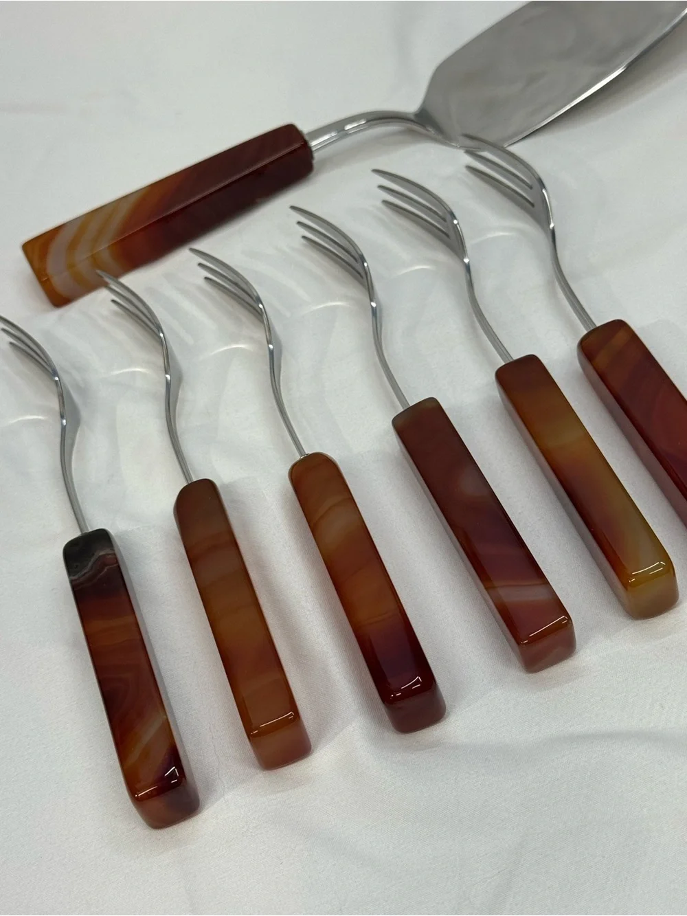 Rare Vintage Red Agate Dessert Forks Cake Server Set, Gift, MCM, South American